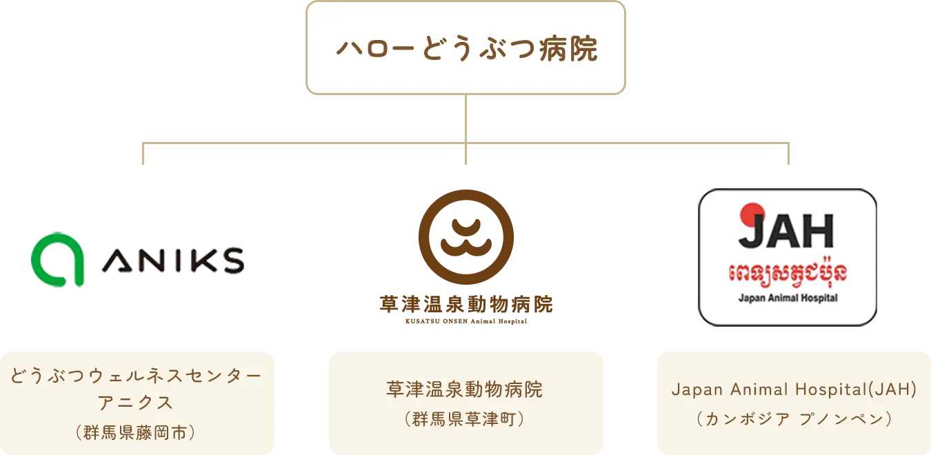 ・どうぶつウェルネスセンターアニクス（群馬県藤岡市）・草津温泉動物病院（群馬県草津町）・Japan Animal Hospital(JAH)（カンボジア プノンペン）